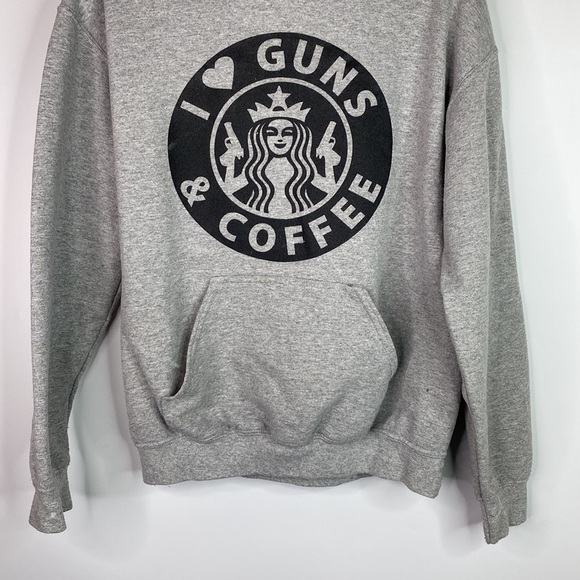 Gildan I love Guns And Coffee Grey Hooded Sweatshirt Size Medium - Picture 3 of 15